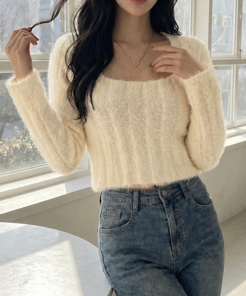 cammie（キャミー）の「スクエアネックワイドリブモヘアニットトップス（ニット/セーター・レディース・ブラック/アイボリー/ホワイト・F）」の13枚目の写真