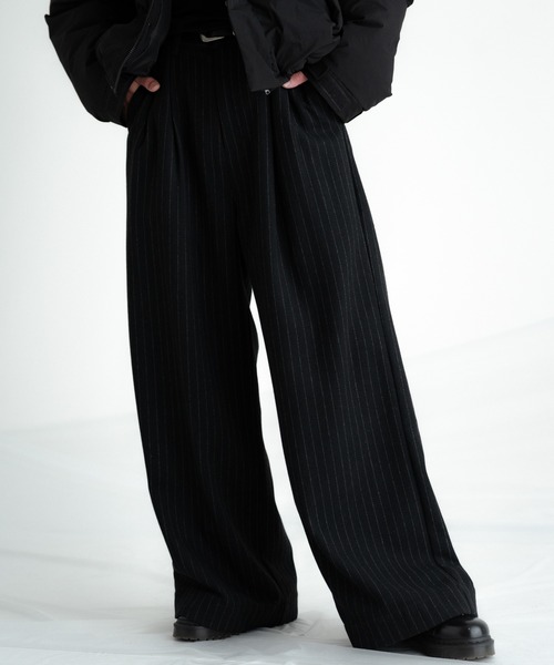 ノリボーwide stripe slacks グレー&ブラック　2本セット Flannel two tuck wide striped slacks / フランネル2タックワイド