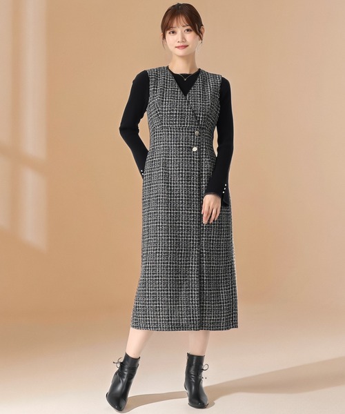 MISCH MASCH（ミッシュマッシュ）の「ツイードラップジャンスカ（ジャンパースカート・レディース・ホワイト/ブラック・S/M）」の2枚目の写真