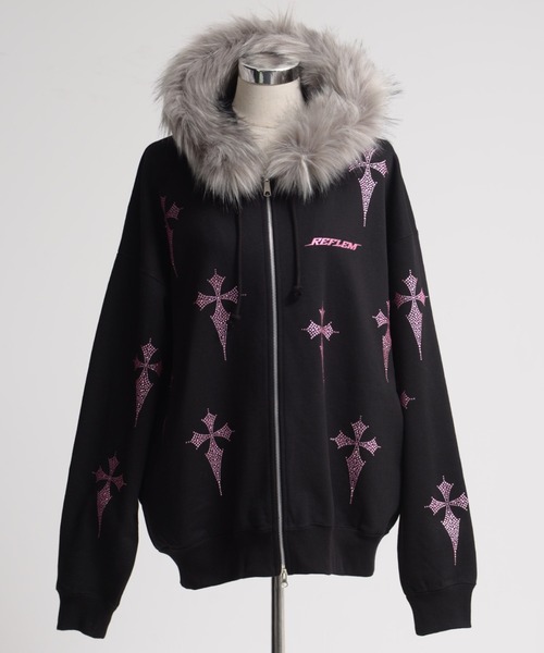 REFLEM/レフレム』ファー付きクロス総柄ラインストーンZIPパーカー