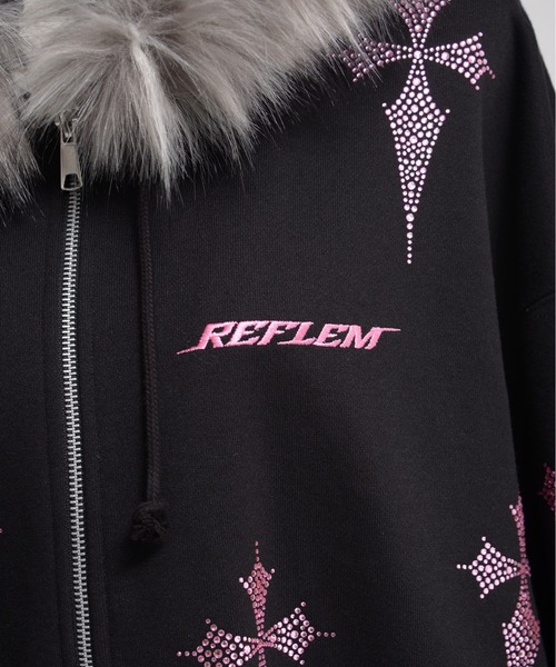 REFLEM/レフレムファー付きクロス総柄ラインストーンZIPパーカー/ジップ REFLEM/レフレム』ファー付きクロス総柄ラインストーンZIPパーカー