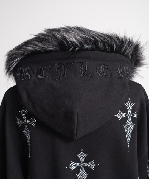 REFLEM/レフレム』ファー付きクロス総柄ラインストーンZIPパーカー