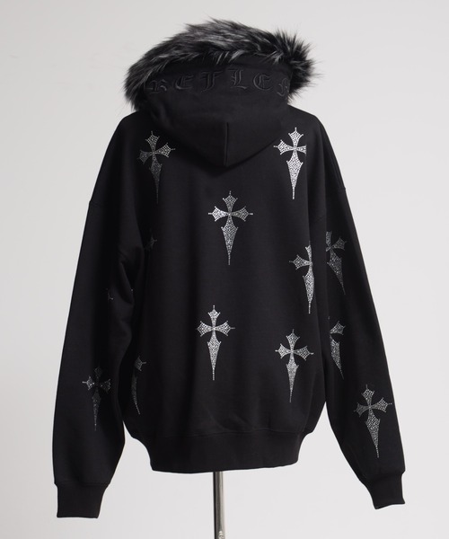 REFLEM/レフレム』ファー付きクロス総柄ラインストーンZIPパーカー