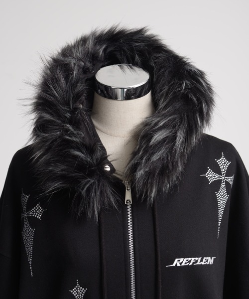 REFLEM/レフレム』ファー付きクロス総柄ラインストーンZIPパーカー