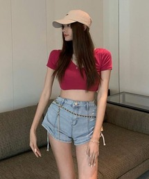 【Mayree】リボンハイウエストデニムショートパンツ