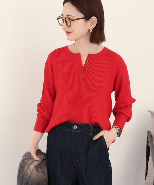 とししOBLIオブリ　リブニット赤 バイパチヘンリーネックリブニットプルオーバー＜静電気軽減＞（ニット