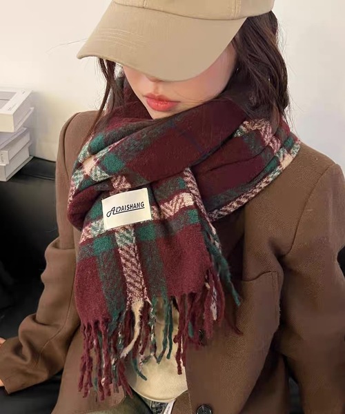 セール】チェック柄 ワッペン付き フリンジマフラー（マフラー