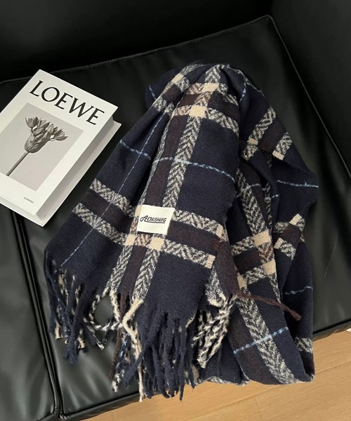 セール】チェック柄 ワッペン付き フリンジマフラー（マフラー