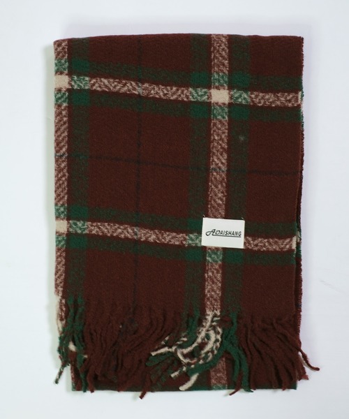 セール】チェック柄 ワッペン付き フリンジマフラー（マフラー