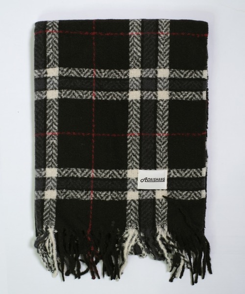 フリンジ付きマフラー** セール】チェック柄 ワッペン付き フリンジマフラー（マフラー