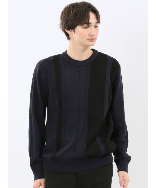m.f.editorial(エムエフエディトリアル)の「【ウォッシャブル ストレッチ】m.f.エディトリアル メンズ 編地切替 クルー ニット セータ―(ニット/セーター・メンズ・ブラック/ネイビー・LARGE/X-LARGE/MEDIUM)」の1枚目の写真
