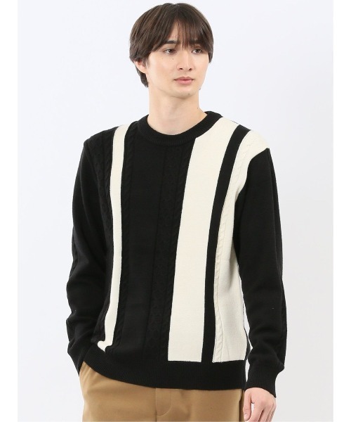 m.f.editorial(エムエフエディトリアル)の「【ウォッシャブル ストレッチ】m.f.エディトリアル メンズ 編地切替 クルー ニット セータ―(ニット/セーター・メンズ・ブラック/ネイビー・LARGE/X-LARGE/MEDIUM)」の2枚目の写真