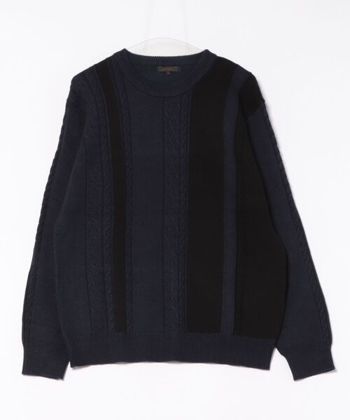 m.f.editorial(エムエフエディトリアル)の「【ウォッシャブル ストレッチ】m.f.エディトリアル メンズ 編地切替 クルー ニット セータ―(ニット/セーター・メンズ・ブラック/ネイビー・LARGE/X-LARGE/MEDIUM)」の4枚目の写真
