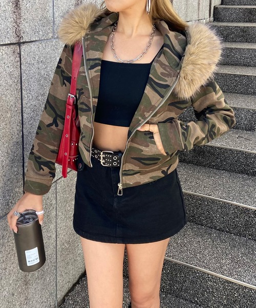 non-hedge(ノンヘッジ)の「迷彩フードファージップパーカー(パーカー・レディース・カーキ/ベージュ・FREE)」の5枚目の写真