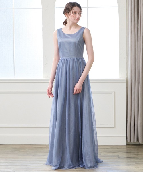 AIMER(エメ)の「【WEB限定】演奏会用ストライプ柄ラメ刺繍チュールロングドレス(ドレス・レディース・ワイン/ダルブルー系/ネイビー・LARGE/MEDIUM)」の3枚目の写真