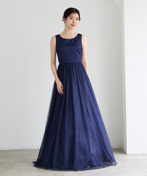 AIMER(エメ)の「【WEB限定】演奏会用ストライプ柄ラメ刺繍チュールロングドレス(ドレス・レディース・ワイン/ダルブルー系/ネイビー・LARGE/MEDIUM)」の4枚目の写真
