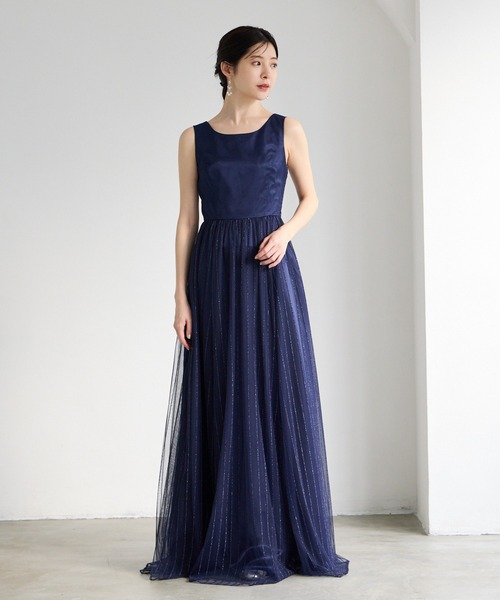 AIMER(エメ)の「【WEB限定】演奏会用ストライプ柄ラメ刺繍チュールロングドレス(ドレス・レディース・ワイン/ダルブルー系/ネイビー・LARGE/MEDIUM)」の7枚目の写真