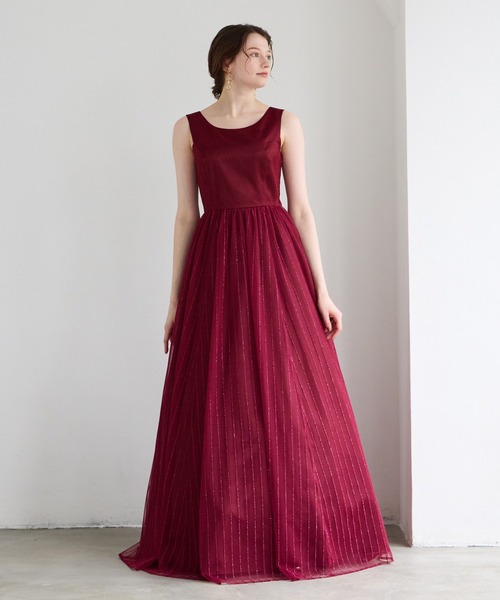 AIMER(エメ)の「【WEB限定】演奏会用ストライプ柄ラメ刺繍チュールロングドレス(ドレス・レディース・ワイン/ダルブルー系/ネイビー・LARGE/MEDIUM)」の9枚目の写真
