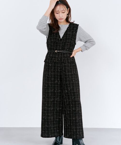 COHINA(コヒナ)の「チェックツイードオールインワン 【低身長・小柄女性】(つなぎ/オールインワン・レディース・ホワイト/ブラック・REGULAR/SHORT)」の1枚目の写真