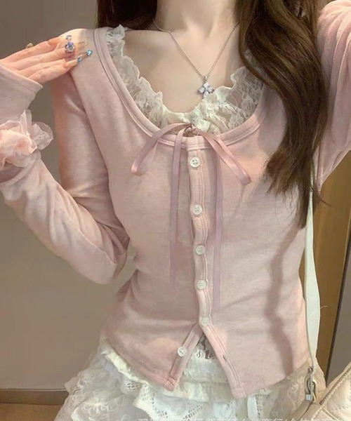 SPIGA（スピーガ）の「ﾘﾎﾞﾝﾃﾞｻﾞｲﾝﾚｰｽﾌﾘﾙｶｯﾄﾄｯﾌﾟｽ（Tシャツ/カットソー・レディース・ピンク/グレー/ブルー・LARGE/MEDIUM/SMALL/X-LARGE）」の3枚目の写真