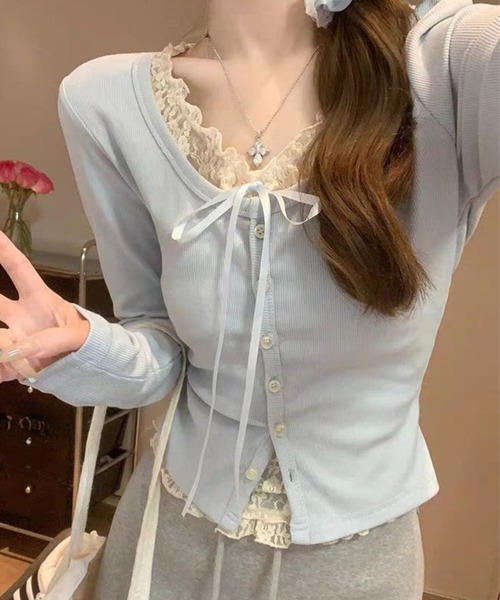 SPIGA（スピーガ）の「ﾘﾎﾞﾝﾃﾞｻﾞｲﾝﾚｰｽﾌﾘﾙｶｯﾄﾄｯﾌﾟｽ（Tシャツ/カットソー・レディース・ピンク/グレー/ブルー・LARGE/MEDIUM/SMALL/X-LARGE）」の2枚目の写真