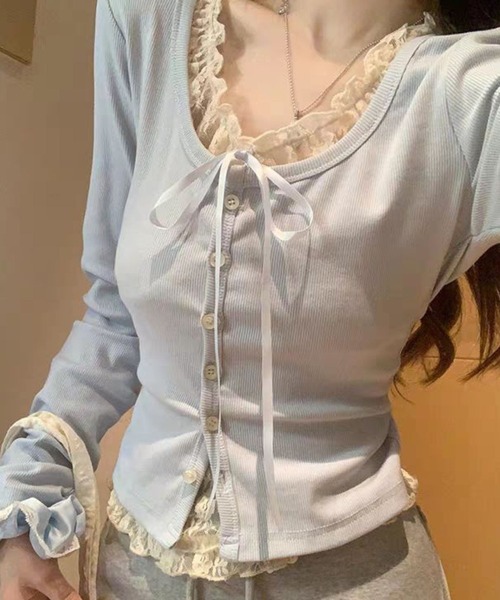 SPIGA（スピーガ）の「ﾘﾎﾞﾝﾃﾞｻﾞｲﾝﾚｰｽﾌﾘﾙｶｯﾄﾄｯﾌﾟｽ（Tシャツ/カットソー・レディース・ピンク/グレー/ブルー・LARGE/MEDIUM/SMALL/X-LARGE）」の8枚目の写真