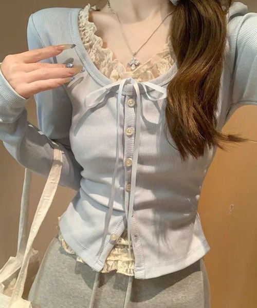 SPIGA（スピーガ）の「ﾘﾎﾞﾝﾃﾞｻﾞｲﾝﾚｰｽﾌﾘﾙｶｯﾄﾄｯﾌﾟｽ（Tシャツ/カットソー・レディース・ピンク/グレー/ブルー・LARGE/MEDIUM/SMALL/X-LARGE）」の9枚目の写真