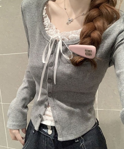 SPIGA（スピーガ）の「ﾘﾎﾞﾝﾃﾞｻﾞｲﾝﾚｰｽﾌﾘﾙｶｯﾄﾄｯﾌﾟｽ（Tシャツ/カットソー・レディース・ピンク/グレー/ブルー・LARGE/MEDIUM/SMALL/X-LARGE）」の5枚目の写真