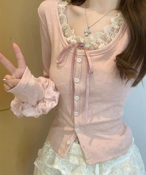 SPIGA（スピーガ）の「ﾘﾎﾞﾝﾃﾞｻﾞｲﾝﾚｰｽﾌﾘﾙｶｯﾄﾄｯﾌﾟｽ（Tシャツ/カットソー・レディース・ピンク/グレー/ブルー・LARGE/MEDIUM/SMALL/X-LARGE）」の10枚目の写真