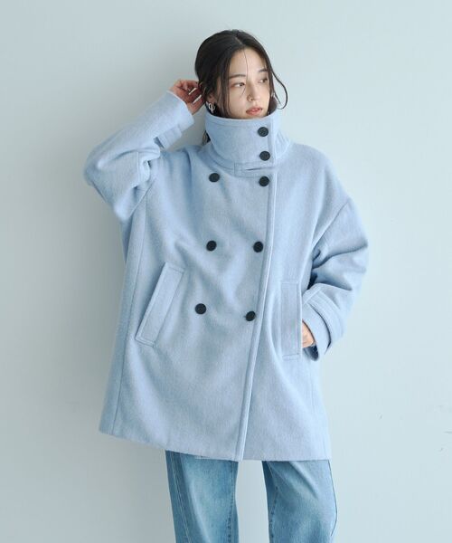 YECCA VECCA（イェッカヴェッカ）の「ウール混ミドル丈スタンドカラーコート（その他アウター・レディース・ライトグレー/チャコールグレー/サックスブルー・FREE）」の3枚目の写真