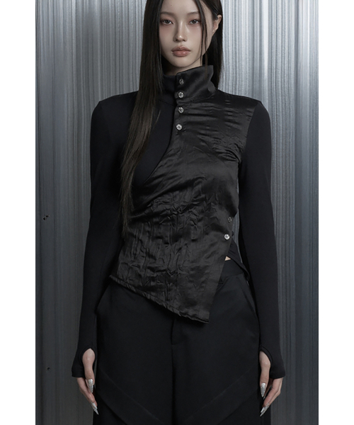 Diagonal Wrap Neck Polar Long-Sleeves (Black)
