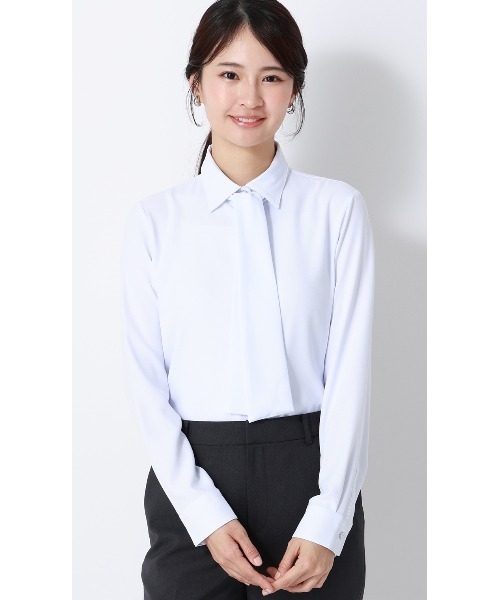 AOYAMA（アオヤマ）の「シャツ襟取り外しタイ付きブラウス【2WAY】【長袖】｜学生＆通勤＆オフィス＆入卒＆セレモニー＆オケージョン｜（シャツ/ブラウス・レディース・サックスブルー/ホワイト・S/M/L）」の2枚目の写真