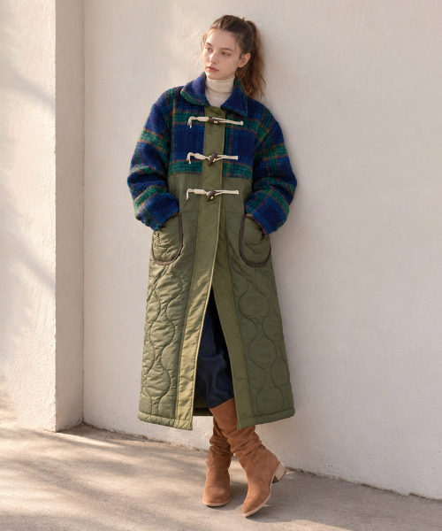 VASCARA(バスカラ)の「Check Mixed Quilting Long Duffel Coat(チェスターコート・レディース・カーキ・FREE)」の3枚目の写真