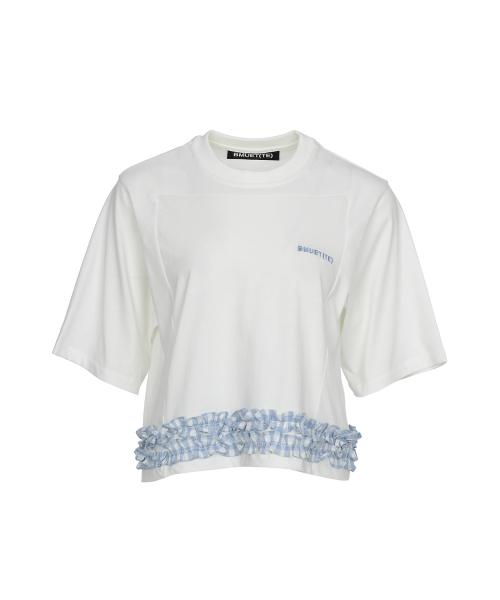 BMUETTE(ビムウィエ)の「フリルディテールクロップTシャツホワイト(Tシャツ/カットソー・レディース・ホワイト・SMALL/MEDIUM)」の1枚目の写真
