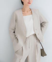 URBAN RESEARCH ROSSO WOMEN | ラメリネンストライプノーカラージャケット(ノーカラージャケット)