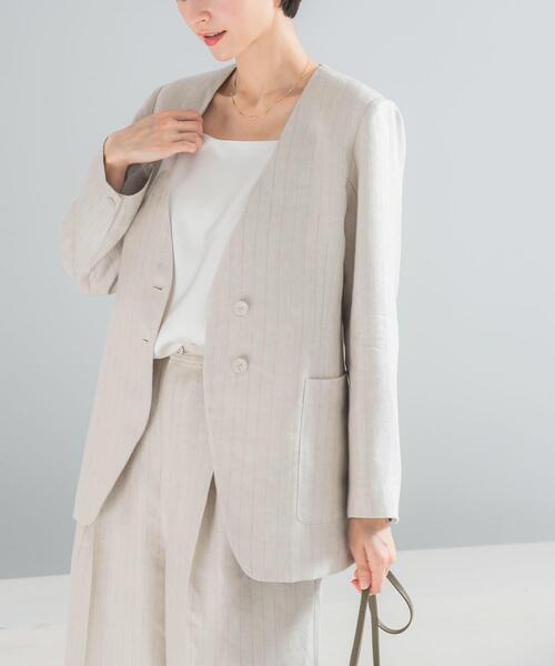 URBAN RESEARCH ROSSO WOMEN（アーバンリサーチ　ロッソ）の「ラメリネンストライプノーカラージャケット（ノーカラージャケット・レディース・チャコールグレー/ベージュ・38/36）」の8枚目の写真