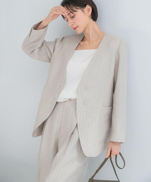 URBAN RESEARCH ROSSO WOMEN（アーバンリサーチ　ロッソ）の「ラメリネンストライプノーカラージャケット（ノーカラージャケット・レディース・チャコールグレー/ベージュ・38/36）」の9枚目の写真