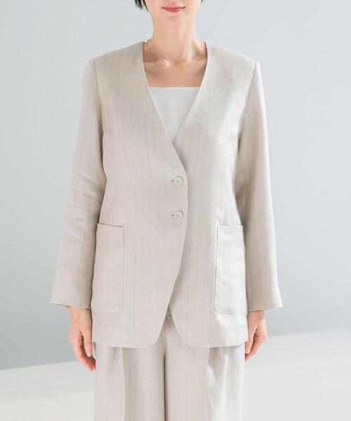 URBAN RESEARCH ROSSO WOMEN（アーバンリサーチ　ロッソ）の「ラメリネンストライプノーカラージャケット（ノーカラージャケット・レディース・チャコールグレー/ベージュ・38/36）」の14枚目の写真