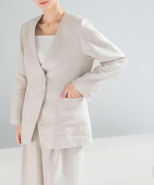 URBAN RESEARCH ROSSO WOMEN（アーバンリサーチ　ロッソ）の「ラメリネンストライプノーカラージャケット（ノーカラージャケット・レディース・チャコールグレー/ベージュ・38/36）」の17枚目の写真