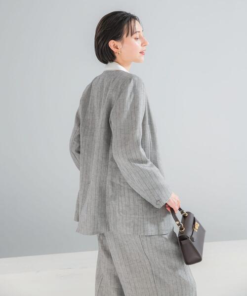 URBAN RESEARCH ROSSO WOMEN（アーバンリサーチ　ロッソ）の「ラメリネンストライプノーカラージャケット（ノーカラージャケット・レディース・チャコールグレー/ベージュ・38/36）」の3枚目の写真