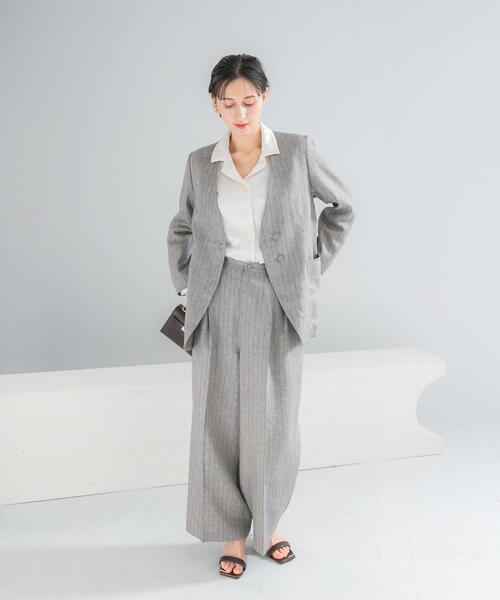 URBAN RESEARCH ROSSO WOMEN（アーバンリサーチ　ロッソ）の「ラメリネンストライプノーカラージャケット（ノーカラージャケット・レディース・チャコールグレー/ベージュ・38/36）」の4枚目の写真