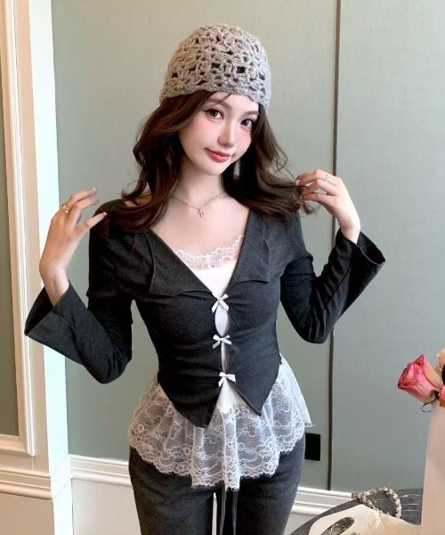 GEMEDA(ジェメダ)の「【26春新作】レースインナー風 フロントリボンフェイクレイヤードトップス(Tシャツ/カットソー・レディース・ブラック/グレー/ホワイト・M)」の20枚目の写真