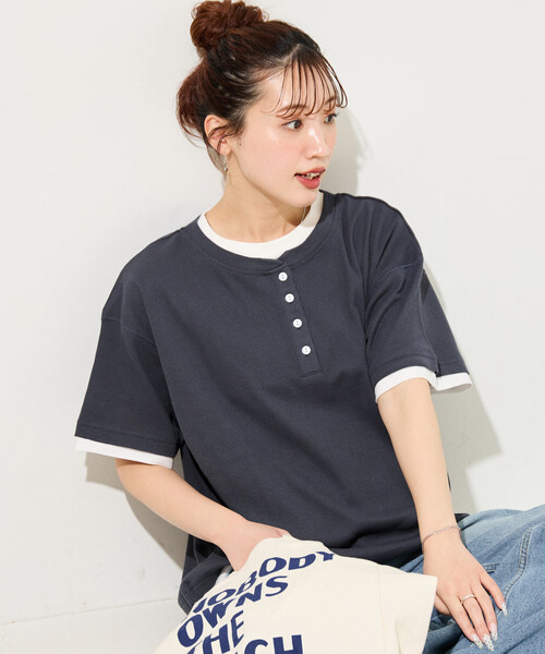 限定展開 ライト ワッフル ヘンリーネック レイヤード 半袖 Tシャツ（T