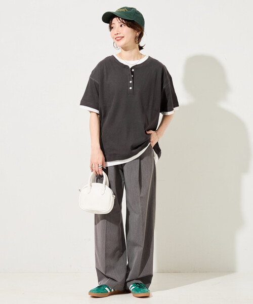 限定展開 ライト ワッフル ヘンリーネック レイヤード 半袖 Tシャツ（T