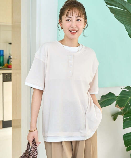 FREAK'S STORE(フリークスストア)の「限定展開 ライト ワッフル ヘンリーネック レイヤード 半袖 Tシャツ(Tシャツ/カットソー・レディース・ナチュラル/ネイビー/スミクロ/グリーン/ピンク/ライトグレー・フリ-)」の21枚目の写真