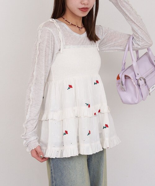 CIAOPANIC(チャオパニック)の「【She desires...】2WAYシャーリングティアード刺繍ビスチェ(チュニック・レディース・ホワイト・ONE SIZE)」の4枚目の写真