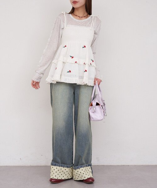 CIAOPANIC(チャオパニック)の「【She desires...】2WAYシャーリングティアード刺繍ビスチェ(チュニック・レディース・ホワイト・ONE SIZE)」の6枚目の写真