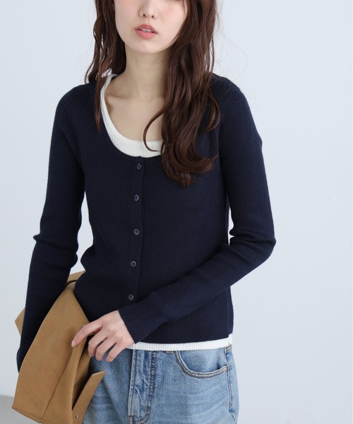 FREE'S MART(フリーズマート)の「◆配色レイヤードリブニットカーディガン(ニット/セーター・レディース・ホワイト/ネイビー/グレー・FREE)」の1枚目の写真