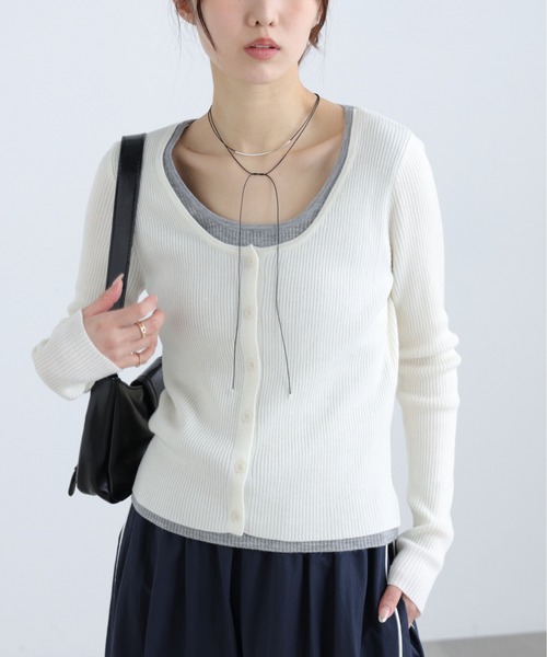 FREE'S MART(フリーズマート)の「◆配色レイヤードリブニットカーディガン(ニット/セーター・レディース・ホワイト/ネイビー/グレー・FREE)」の2枚目の写真