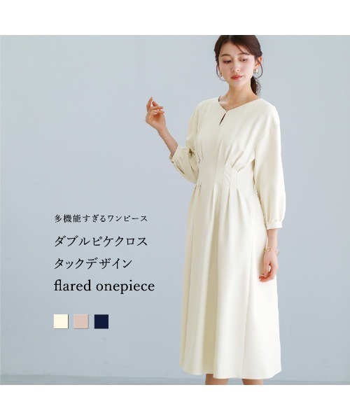 White Collection（ホワイトコレクション）の「【多機能すぎるワンピース】ダブルピケクロス・タックデザインフレアワンピース（ワンピース・レディース・ベージュ/ネイビー/アイボリー・S/M/L）」の14枚目の写真
